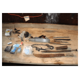 14 Inch Craftsman Planer, Machete, Oil Can, Wedge, Dog Waste Bags, Chainsaw Blade, Auger Bit, and Misc.