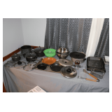 Stainless Strainers, 6 Inch Cast Iron Skillet, Baking Pans, Pots with Lids, and Misc.