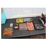 Hyper Tough Drill Bits, Craftsman Spade Bits, Black and Decker Screwdriver and Screw Bits, Gearhead 3/8 Inch Sockets and Ratchets, and Misc.
