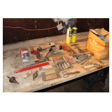 Wood Chisels, Plum Bobs, Pry Bars, Slag Hammer, Level, (2) 16 Oz. Propane Tanks, Measuring Sticks, Speed Square, and Misc.