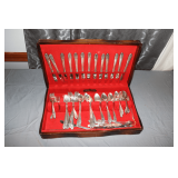 Crown Silver Plate Spoons, Forks, and Knives with Harmony House Wooden Utensil Box