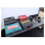DeWalt and Makita Tool Boxes, 20 V DeWalt Flashlight, Craftsman 3/8 Inch Corded Drill, Automotive Jack, Metal Milwaukee Tool Box, and Plastic Tool Box