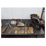 Brass Outlet Covers, Kaiser Blade, Pry Bar, Caulk Gun, (2) Feed Buckets, Screws, Square, and Misc.