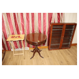 2 Door Glass Shelf Display Cabinet, Circular End Table, and Folding TV Tray