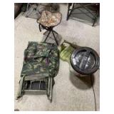Camping hunting items - Frame pack, bucket with lid, padded fold up seat and folding stool
