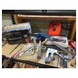 Stapler, hammers, fencing pliers, soldering gun, hundred foot tape, nail apron, empty toolboxes