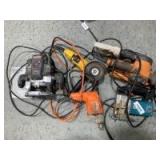 Craftsman plunge router, DeWalt angle grinder, rigid belt sander, jigsaw and drill