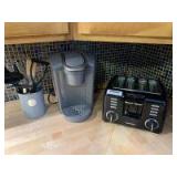 Keurig coffee maker, toaster and kitchen utensils