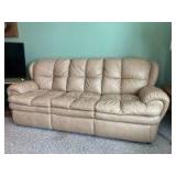 87in camel colored plush leather look three cushion sofa Good condition