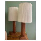 Pair of oak table lamps Base measures 8 1/2 in square x 38 in tall to the top of the shade