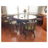 48 inch formica top heavy pine table with two 11-in leaves and six chairs   Chairs do have some wear, see photos