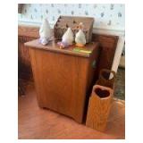 Walnut lift top rolling waste basket holder, small oak handmade magazine rack, three ducks and a plastic envelope desk organizer