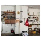 Fishing poles, all kinds of nuts bolts, nails, hacksaw, filter wrenches, level, walking stick/shooting stick, toolbox, pliers, screwdrivers, wrenches, antique shotgun shell reloader and more