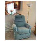 Berkline classic wallaway recliner dated 1980 nice blue upholstery and a brass looking floor lamp