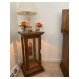 Quarter sawn oak display case with glass shelf  Measures 16x16x31in tall along with Jesus himself inside two vases with artificial flowers and a ceramic floral design table lamp