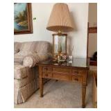 Bassett Furniture 26 inch square glass top end table with lamp and decor