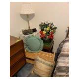 Round decorator table, closet shoe stand, sewing machine bench, artificial flowers, lamp, digital and clock radios