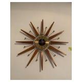 Retro Seth Thomas starburst walnut and metal wall clock, pillows, bath towel stand and tapestry