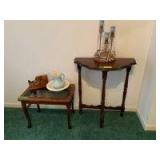 Walnut half table with spindle legs measures 30in tall x 25.5 in wide and a nice little glass top bench/ table measures 14 x 22 with glass insert top, driftwood art piece, mini pitcher & bowl set and 