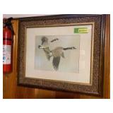 Three wildlife prints-10.5x13.5 Canadian goose print, 1976 Pat Costello bobwhite quail measures 7x10 and a 1974 Pat Costello ringneck pheasant and hunter measures 15.5x19 All framed to match