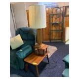Handmade oak step end table with oak lamp Table measures 16x26 Lamp matches the ones upstairs