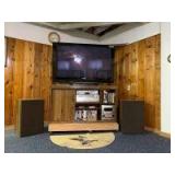 2008 Panasonic 50 inch flat screen TV along with Broksonic DVD/VHS player, Project One AM/FM stereo receiver, variety of VHS tapes, Sanyo portable stereo system,speakers and a stereo stand with a remo