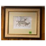 Three prints-Mark Reese bobwhite quail that measures 15x19 S/N 139/950, a white tail buck and doe print measures 9x13 by M. G. Loates, James Graham covered bridge sketch and a small wall clock