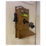 Oak wall phone No guts, generator is gone, mouthpiece and ear piece are both here and the case is intact