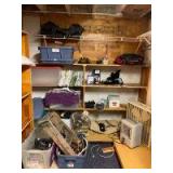 Box fan, electric heater, oscillating fan, 2ft wooden stepstool, variety of office style phones multi-line, lots of plastic hangers, plastic storage totes, duffle and travel type bags