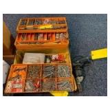 Porter-Cable 1/2in electric drill and a tackle box full of drill bits, screws, nails, concrete wall anchors, drywall anchors and lots more