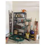 5' alum step ladder, yard tools, shelf unit, trellis, hose, and toolbox
