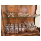 Fostoria American pattern glassware-glasses, sherbet, salts, relish tray, cream & sugar, 3 footed bowl and round platter