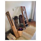 Wood step ladder, folding chairs, golf bag and vintage golf clubs