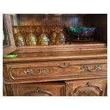 Large oval carnival fruit bowl, amber goblets