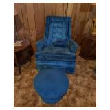 Pair retro blue side chairs and CLASSIC mushroom footstool
