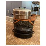 Large stainless roaster, Hollywood bottom roaster and classic picnic basket