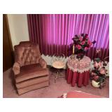 Mauve swivel platform rocker, side table, vanity chair and color coordinated decor items