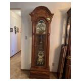 Oak cased grandfather clock by Sligh w/ moon phase dial 13D x 25L x 80H