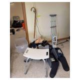 Health related items-neck and knee braces, shower chair, tub handle, crutches, ace bandages, back braces, and CPAP accessories