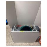 Camp table, vinyl bucket and camp rug