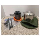 Zebra stainless steel lidded kettle, bag, Sea to Summit flatware, backpack pans and mug