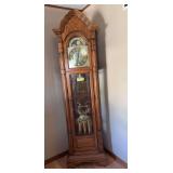 Sligh oak cased grandfather clock with glass sides and moon phase face Model 0891-1-AB Movement 500-0002 11D x 19L x 80H