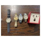 2 Fossil wrist watches and 2 additional multi dial wrist watches, pendant and earring set