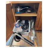 Magic Bullet and containers, rolling pin, odd pans and lids