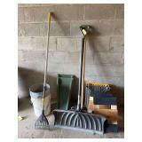Long handled yard tools, rain splashguard, 5 gallon buckets, small piano style dollies, two small metal tables