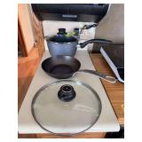 Swiss Diamond pan w/ lid, Swiss Diamond lid w/no pan and 8” Made In skillet