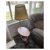 Oak oval end table with lamp and oak corner shelf