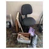 Office chair, two work tables, some housewares, file box