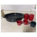 Enamel roaster, salt and pepper shakers and three small cups