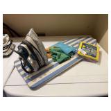 Small ironing board, microfiber cloths, and iron